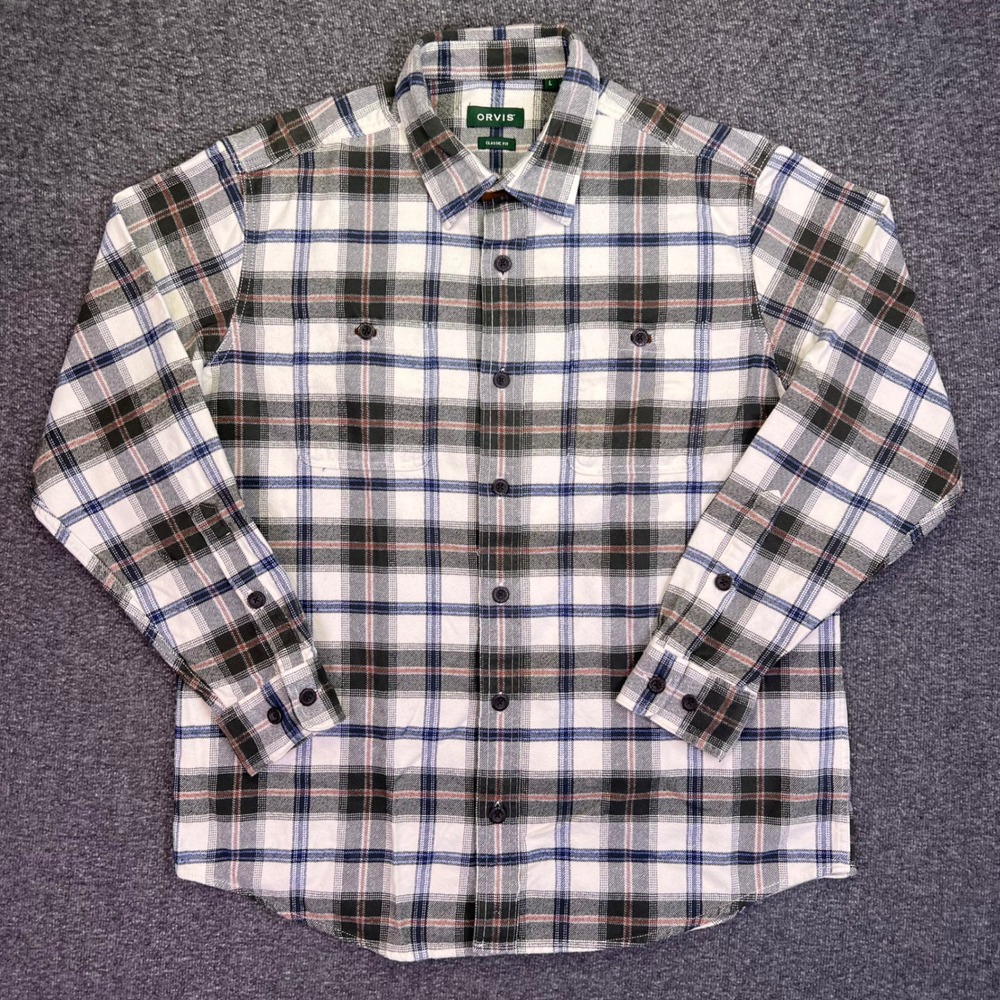 Orvis Shirt Mens L White Green Plaid Classic Button Down Casual Outdoors Flannel